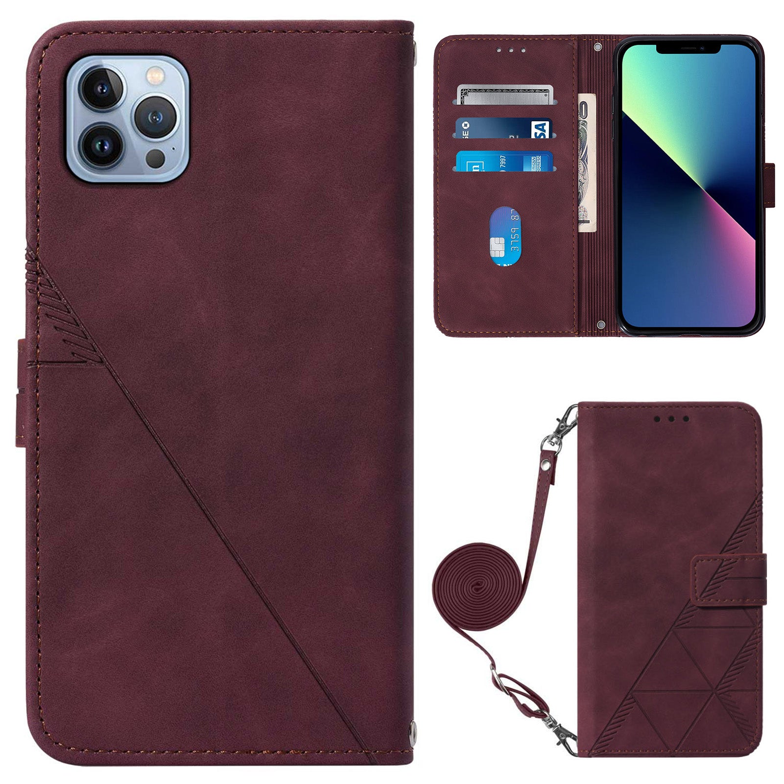 YB Imprinting Series-2 for iPhone 15 Pro Leather Wallet Phone Case Imprinted Stand Cover with Shoulder Strap - Wine Red YB Imprinting Series-2 for iPhone 15 Pro Leather Wallet Phone Case Imprinted Stand Cover with Shoulder Strap - Wine Red
